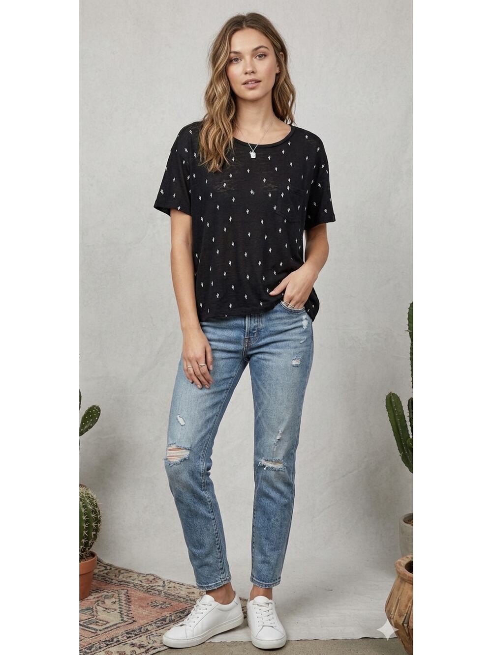 RAILS Billie Cactus Linen Blend Print Top Black White Pocket Desert Boho Size M